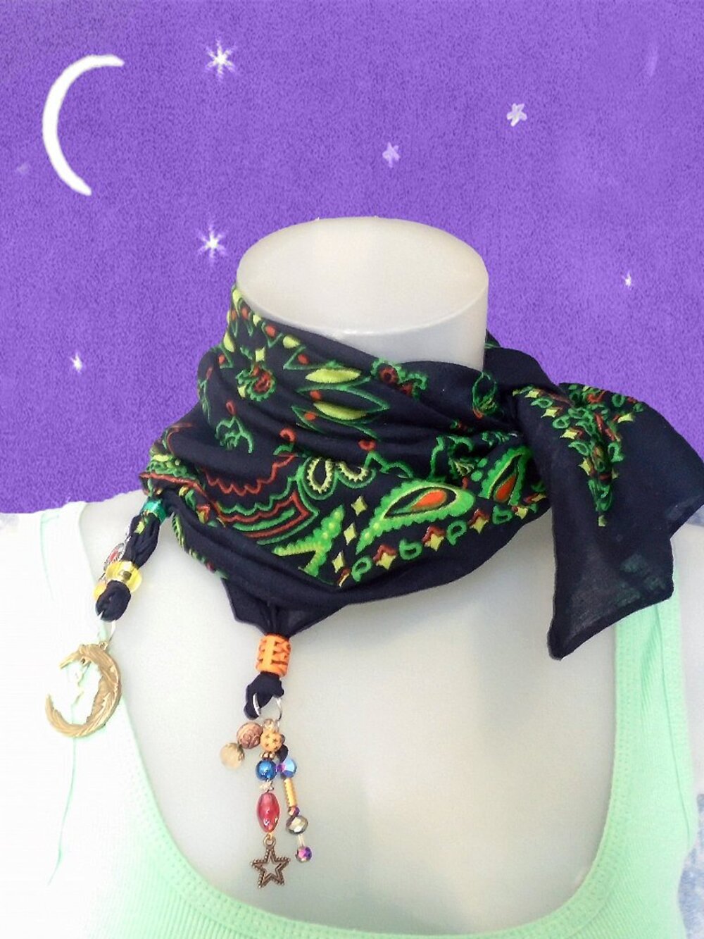 Bandanna Wrap with Charms Necklace Choker Cotton Neck Scarf